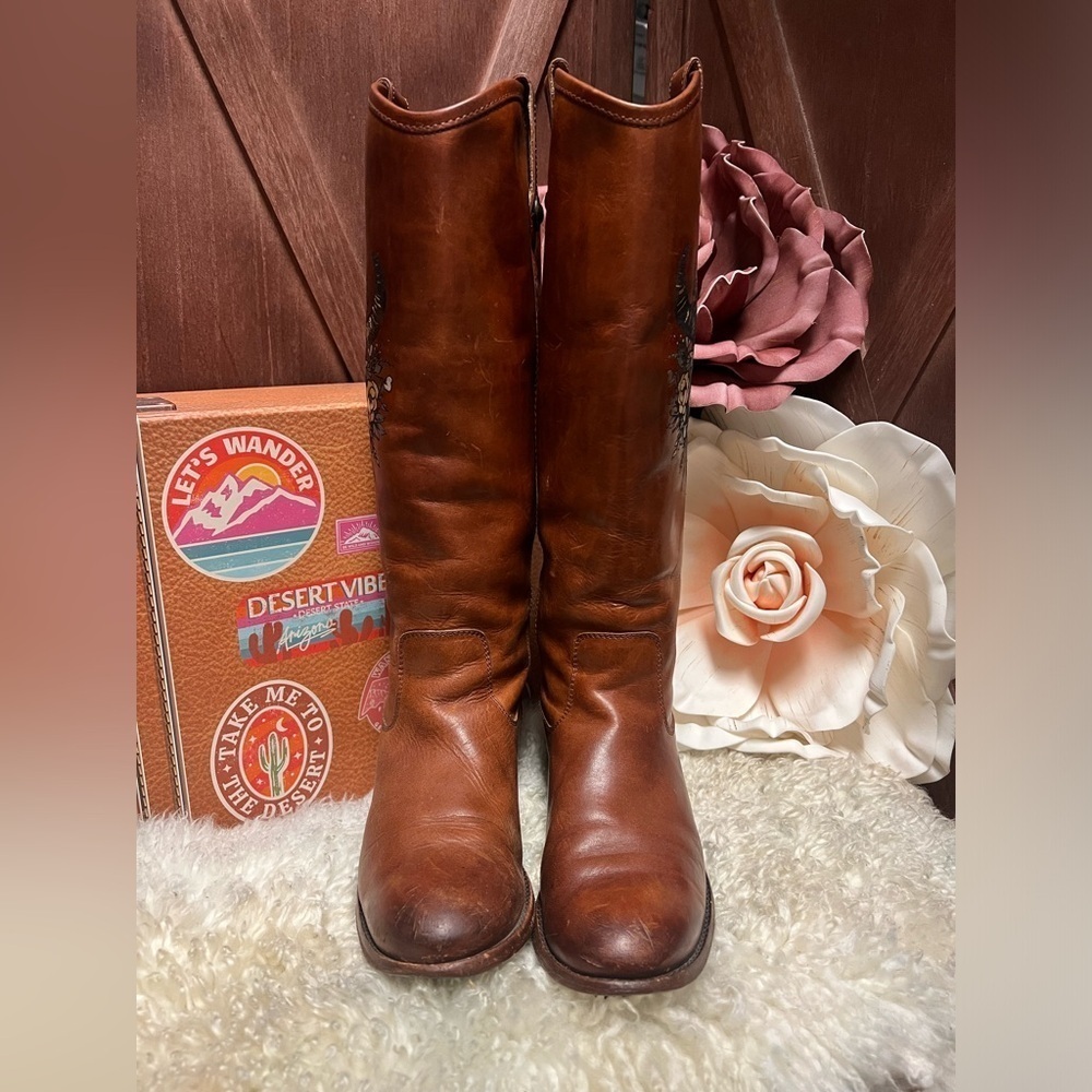 Frye Women's Custom Painted Leather Riding Boots Brown Size 7 - Picture 5 of 7